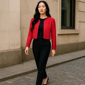 Yigal Azrouël Sz Medium Red Scalloped Cardigan Cropped, Pointelle, Designer Knit